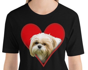 May include: A black t-shirt with a red heart design. Inside the heart is a white Shih Tzu dog.