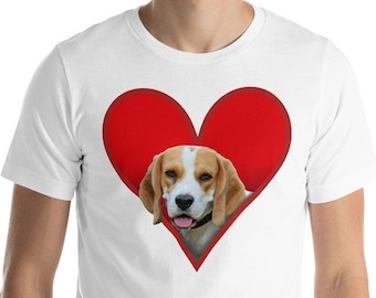 May include: White t-shirt with a red heart design featuring a beagle dog's head peeking out of the heart.