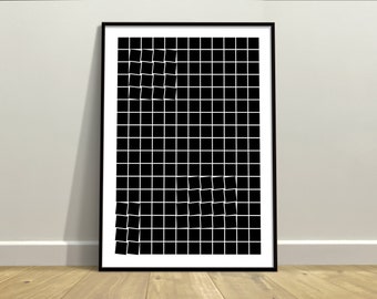 quadrado torce o pop art óptico pôster | Arte abstrata de parede funky | padrão quadrado de ilusão óptica | Decoração de Casa | Impressão sem moldura em preto e branco