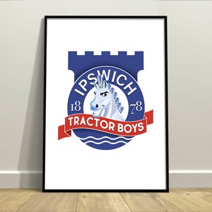Ipswich Town Tractor Boys Punch Badge Matt Finish White Poster | Suffolk Punch Design for Portman Rd Faithful | Super Blue Mums, Dads & Kids