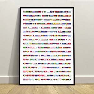 Flaggen der Welt Lernposter, Weltenbummler Geschenk Wandkunst | Designer Geographie Grafik Dekor | 288 Regions-Flaggen ohne Rahmen