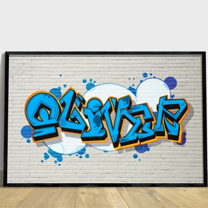 Personalised Name Graffiti Poster - Blue | Urban Street Art for Kids or Teenager Room | Hand Drawn Urban Graffiti Font | Unframed Print