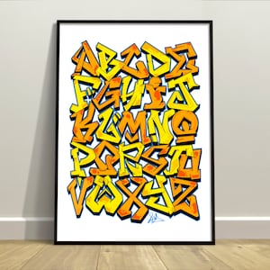 Póster de alfabeto de grafiti: naranja y limón / Arte callejero para habitación de adolescentes / Fuente de grafiti dibujada a mano - Decoraciones tribales / Impresión sin marco