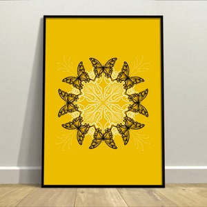 Butterfly Mandala Wall Art | Tropical Illustration | Digitally Printed | Unframed Yellow and Black Butterfly Poster to Brighten your Spirit