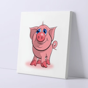 Impresión en lienzo cuadrada de un lindo cerdito / Ilustración de un tierno cerdito de dibujos animados / Arte divertido de animales de granja para guardería, adorables dibujos animados de bebés de granja para niños