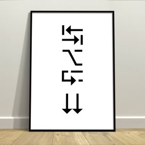 Könnte beinhalten: Schwarz-weißes minimalistisches Kunst-Print mit einer Reihe von Pfeilen, die in verschiedene Richtungen zeigen. Die Pfeile sind vertikal in einer Spalte angeordnet.