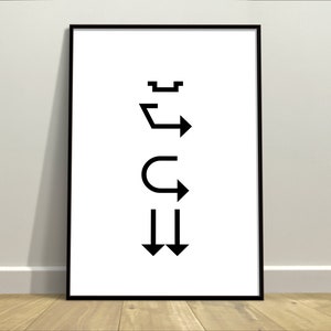 May include: Black and white minimalist art print featuring a series of arrows pointing in different directions. The arrows are arranged vertically, with the top arrow pointing upwards, the middle arrow pointing to the right, and the bottom arrow pointing downwards.
