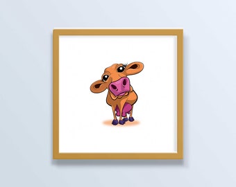 Impression mignonne de vache pour la chambre d'enfants - impression sans cadre adorable de maman de vache de bande dessinée, art de mur de pépinière d'animaux de ferme amusant, adorables dessins animés d'animaux de ferme