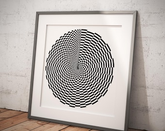 poster espiral quadrado do pop art | Arte abstrata de parede funky | Padrão de tabuleiro de xadrez de ilusão óptica | Decoração de casa | Impressão sem moldura em preto e branco