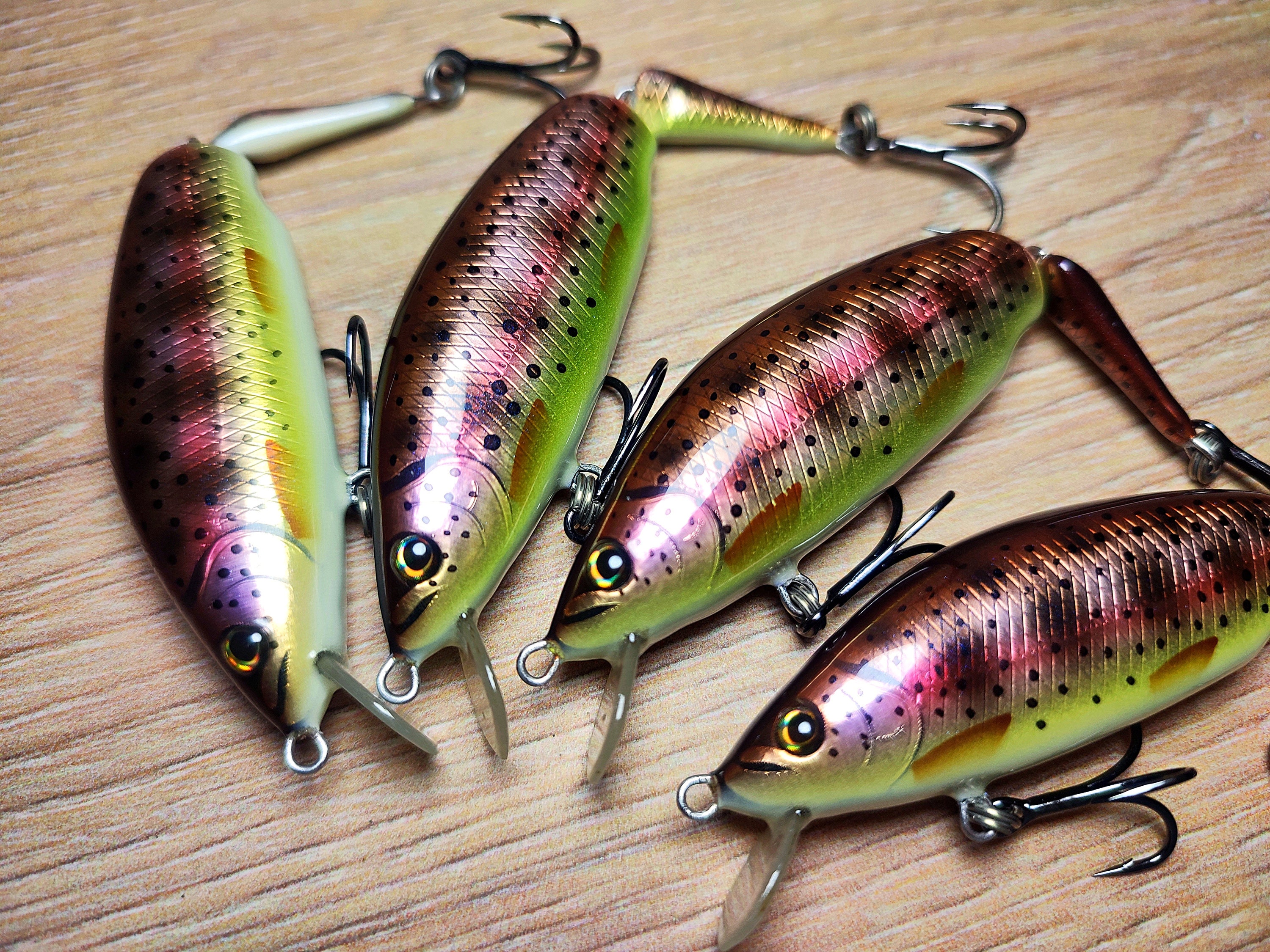 Veles handcrafted lures 80mm-6.5gr floating,two piece lure.  Trout,salmon,bass,pike,muskie fishing lure. Made from balsa wood. Treble  hooks