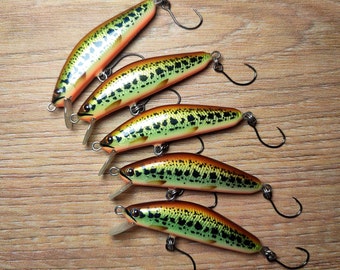 Veles handcrafted lures 50mm-4gr sinking. Trout fishing lure. Twitching action.Made from balsa wood. Single inline hooks.