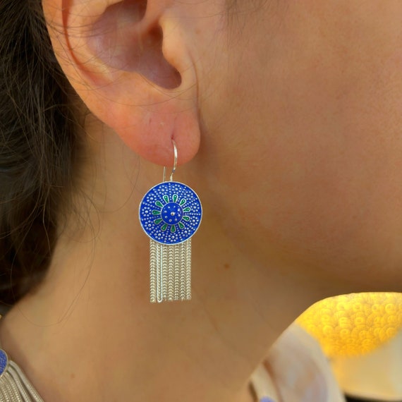 Handmade Enamel Sterling Silver Earrings: Turkish Ethnic Style