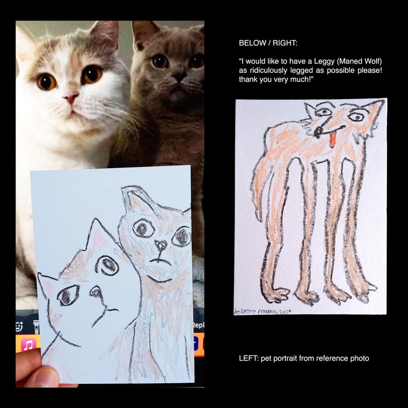 May include: A hand holds a drawing of two cats, one with a brown and white coat and the other with a brown coat. The drawing is on a white piece of paper. The text "Repl" is visible in the bottom right corner of the drawing. Below the drawing is a text box with the text "LEFT: pet portrait from reference photo".