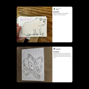 May include: Two hand-drawn illustrations on white cardstock. The first illustration is a black and white drawing of a capybara with the word "GLEEP" written above it. The second illustration is a black and white drawing of a stylized octopus with pink and blue accents.