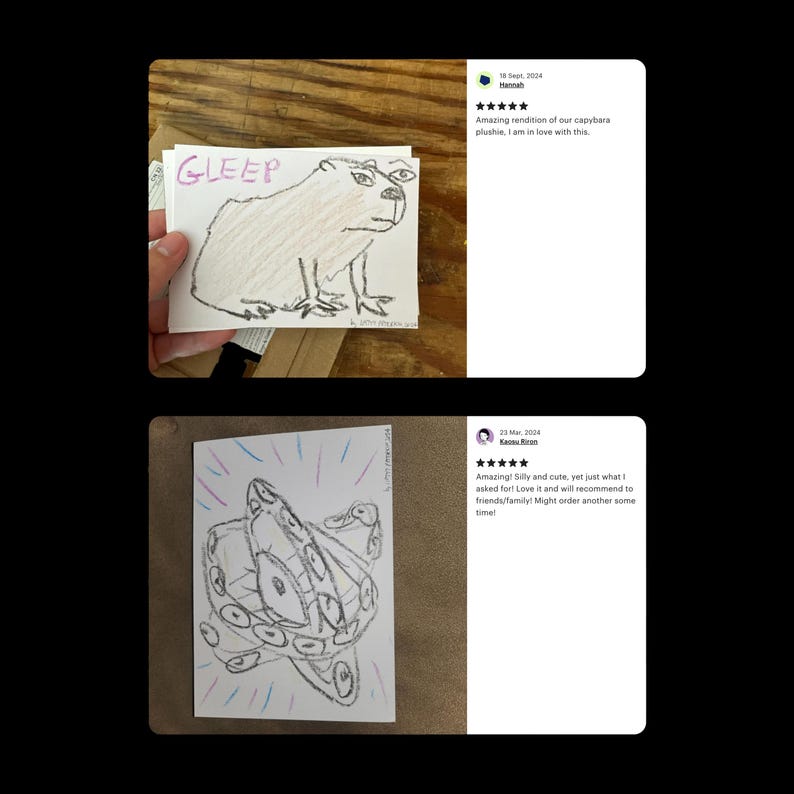 May include: Two hand-drawn illustrations on white cardstock. The first illustration is a black and white drawing of a capybara with the word "GLEEP" written above it. The second illustration is a black and white drawing of a stylized octopus with pink and blue accents.