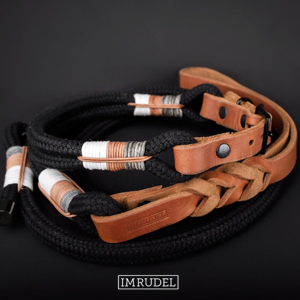 GENTLE BLACK - Halsband met touw en leren riem