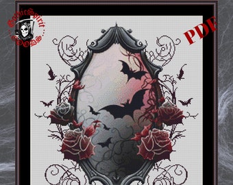 Gothic Fantasy Egg, Roses and Bats Gothic Cross Stitch Pattern For Black Fabric  -  Easy , Modern