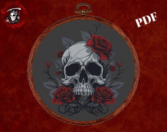 Skull and Roses , Gothic Cross Stitch Pattern For Black Fabric  -  Easy , Modern