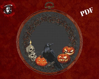 Halloween Wreath - Raven, Pumpkins and Sculls , Gothic Cross Stitch Pattern For Black Fabric  -  Easy , Modern