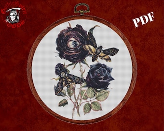 Creepy Black Roses, Gothic Cross Stitch Pattern For Black Fabric  -  Easy , Modern