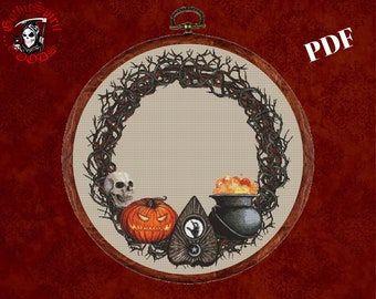 Halloween Wreath  , Gothic Cross Stitch Pattern For Black Fabric  -  Easy , Modern