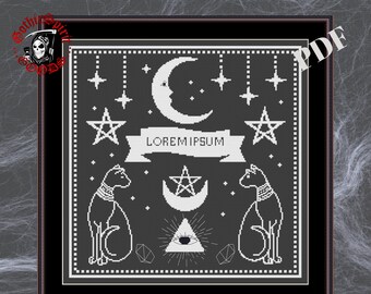 Black cats,Night Sky with Moon,Stars,Magic Occult Symbols . Gothic Cross Stitch Pattern For Black Fabric  -  Easy , Modern