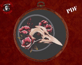 Bird Skull with Flowers Gothic Cross Stitch Pattern For Black Fabric  -  Easy , Modern