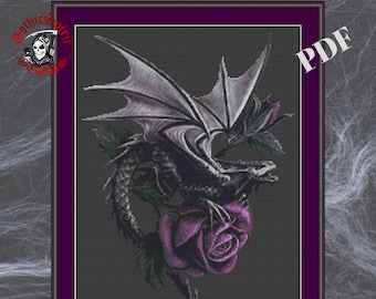 Dragon with Rose, Gothic Cross Stitch Pattern For Black Fabric  -  Easy , Modern
