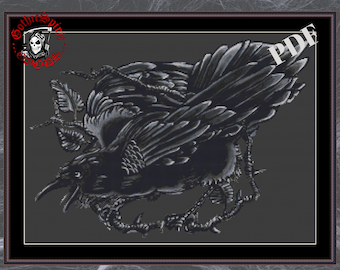Raven Gothic Cross Stitch Pattern For Black Fabric  -  Easy , Modern