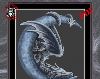 Dragon on the Moon Gothic Cross Stitch Pattern For Black Fabric  -  Easy , Modern