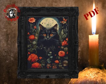 Gothic Botanical Cat, Gothic Cross Stitch Pattern For Black Fabric  -  Easy , Modern