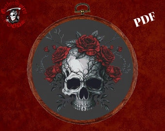 Skull and Roses , Gothic Cross Stitch Pattern For Black Fabric  -  Easy , Modern