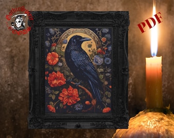 Raven with Flowers, Gothic Cross Stitch Pattern For Black Fabric  -  Easy , Modern