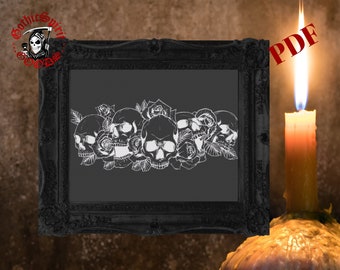 Negative - Skulls and Roses , Gothic Cross Stitch Pattern For Black Fabric  -  Easy , Modern