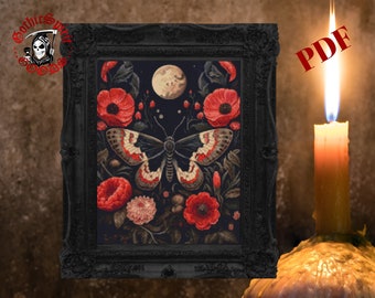 Gothic Botanical Moth, Gothic Cross Stitch Pattern For Black Fabric  -  Easy , Modern