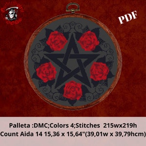 Pentagram with Roses Gothic Cross Stitch Pattern For Black Fabric  -  Easy , Modern