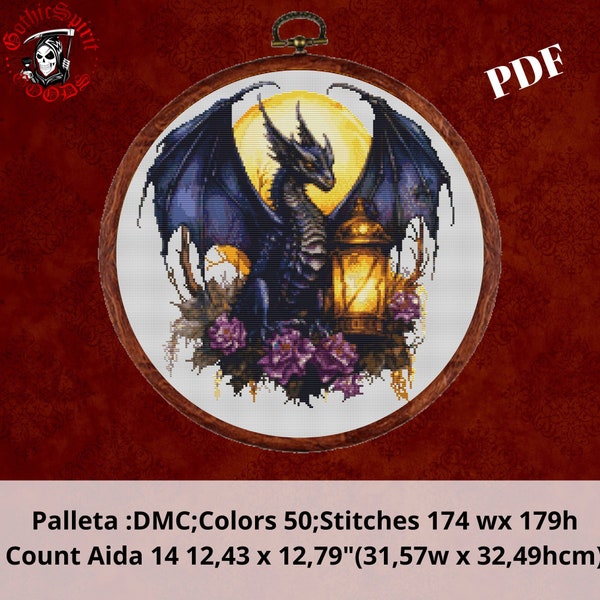 Gothic Fantasy Dragon 4, Gothic Cross Stitch Pattern For Black Fabric  -  Easy , Modern