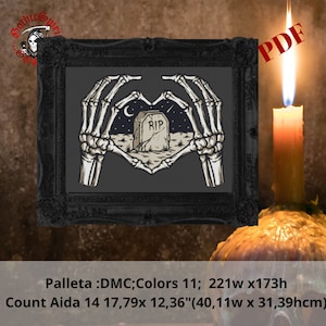 Skeleton Hands and Cemetery, Gothic Cross Stitch Pattern For Black Fabric  -  Easy , Modern