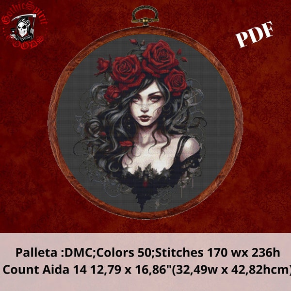 Gothic Princess with Red Roses , Gothic Cross Stitch Pattern For Black Fabric  -  Easy , Modern