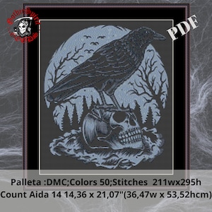 Raven ,Skull, Moon Gothic Cross Stitch Pattern For Black Fabric  -  Easy , Modern