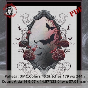 Modèle de point de croix oeuf gothique, roses et chauves-souris (Modèle PDF)
