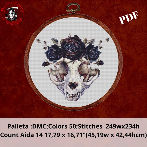 Animal Skull with Roses Gothic Cross Stitch Pattern For Black Fabric  -  Easy , Modern