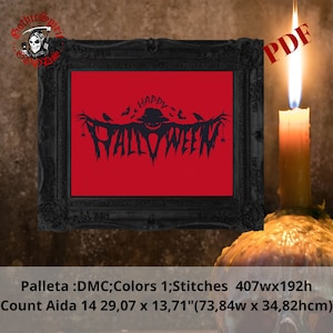 Happy Halloween Gothic Cross Stitch Pattern For Black Fabric  -  Easy , Modern