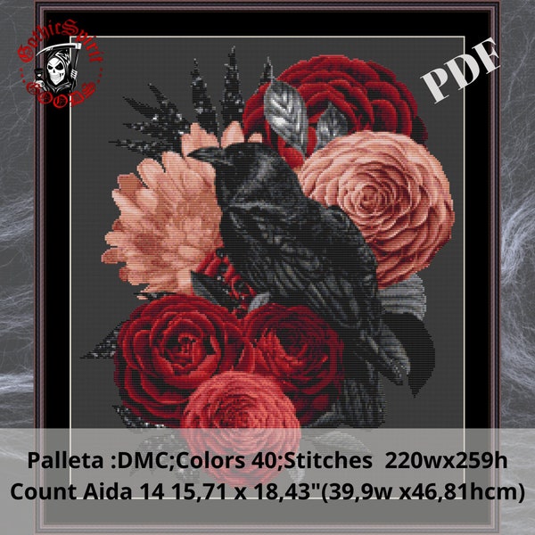 Raven with Red Flowers Gothic Cross Stitch Pattern For Black Fabric  -  Easy , Modern