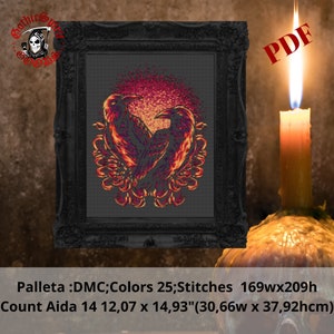 Raben und Blumen , Gothic Kreuzstichmuster für schwarzen Stoff - Easy , Modern