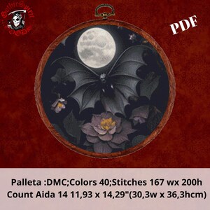 Dark Gothic Bothanical Bat, Gothic Cross Stitch Pattern For Black Fabric  -  Easy , Modern