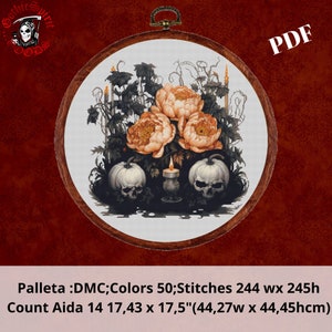 Spooky Halloween PumpkinSkulls , Cross Stitch Pattern For Black Fabric  -  Easy , Modern