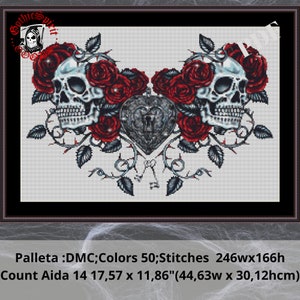 Skulls with Roses  Gothic Cross Stitch Pattern For Black Fabric  -  Easy , Modern