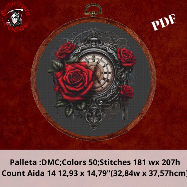 Clock with Red Roses, Gothic Cross Stitch Pattern For Black Fabric  -  Easy , Modern