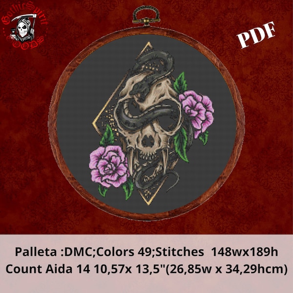 Animal Skull , Snake and Flowers Gothic Cross Stitch Pattern For Black Fabric  -  Easy , Modern
